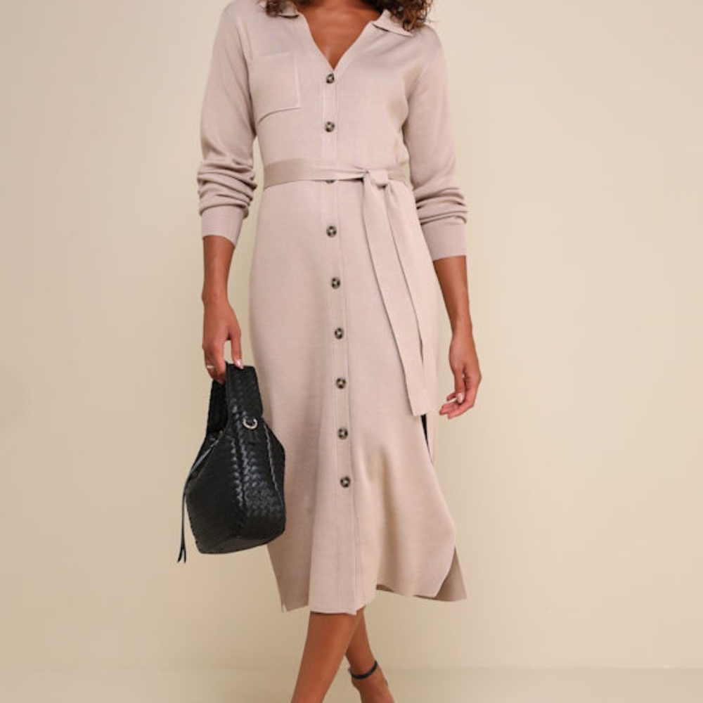 Lulus Charming Comfort Beige Collared Button-up Sweater Dress - Size M